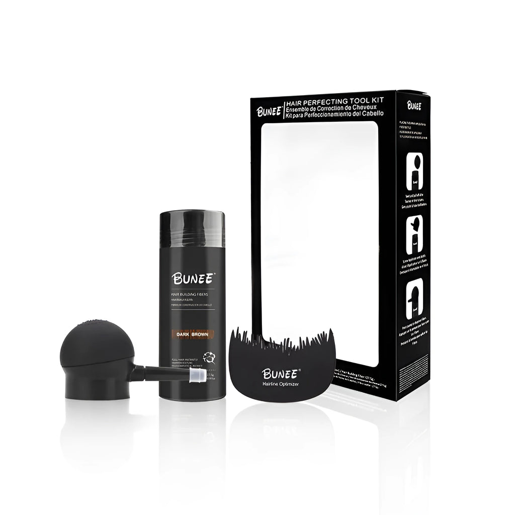 Boxed dense hair fibre powder set for thinning hair coverage in multiple colour options