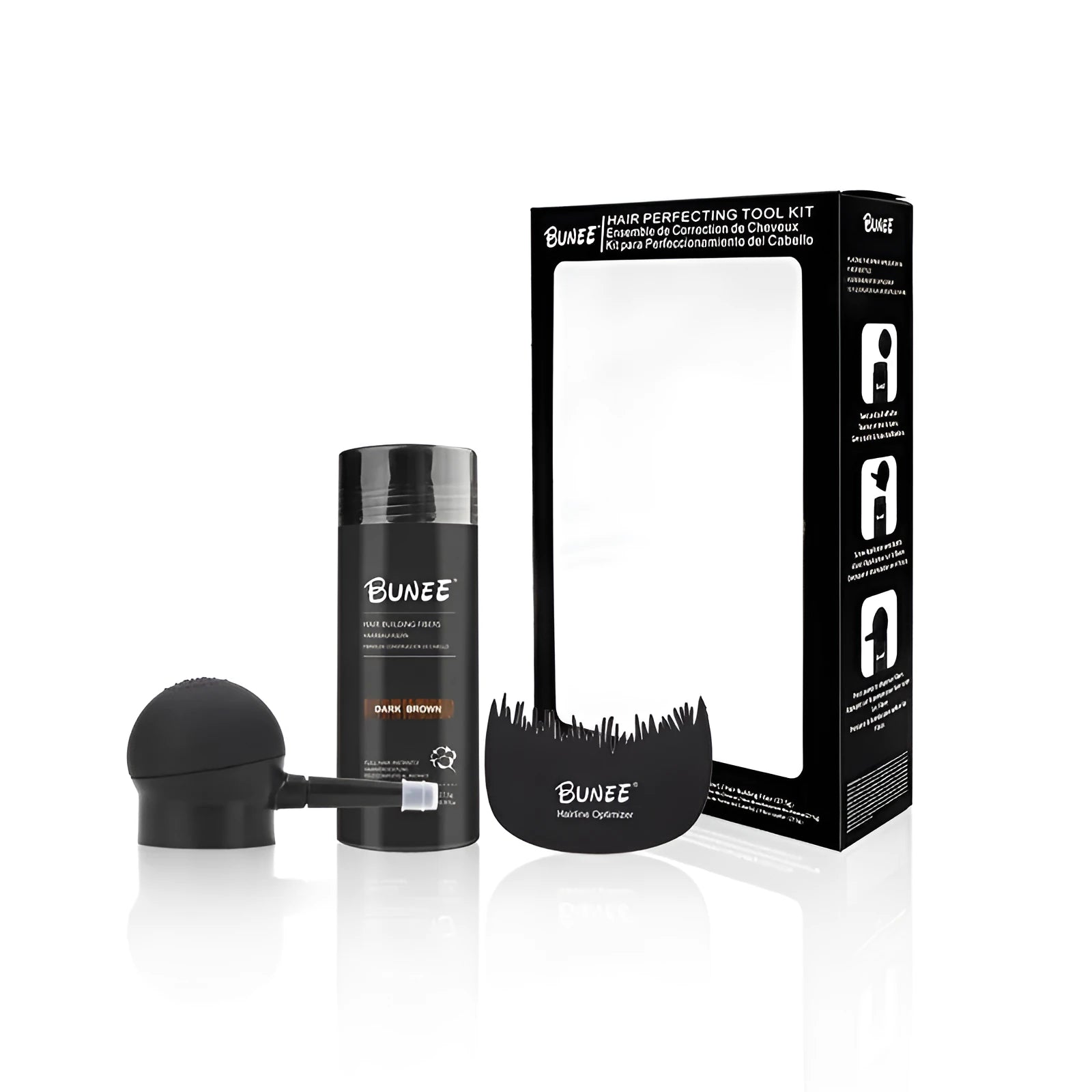 Boxed dense hair fibre powder set for thinning hair coverage in multiple colour options