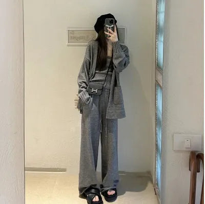 Women's knit three-piece set showing cardigan, vest, and casual pants in loose Japanese Korean style