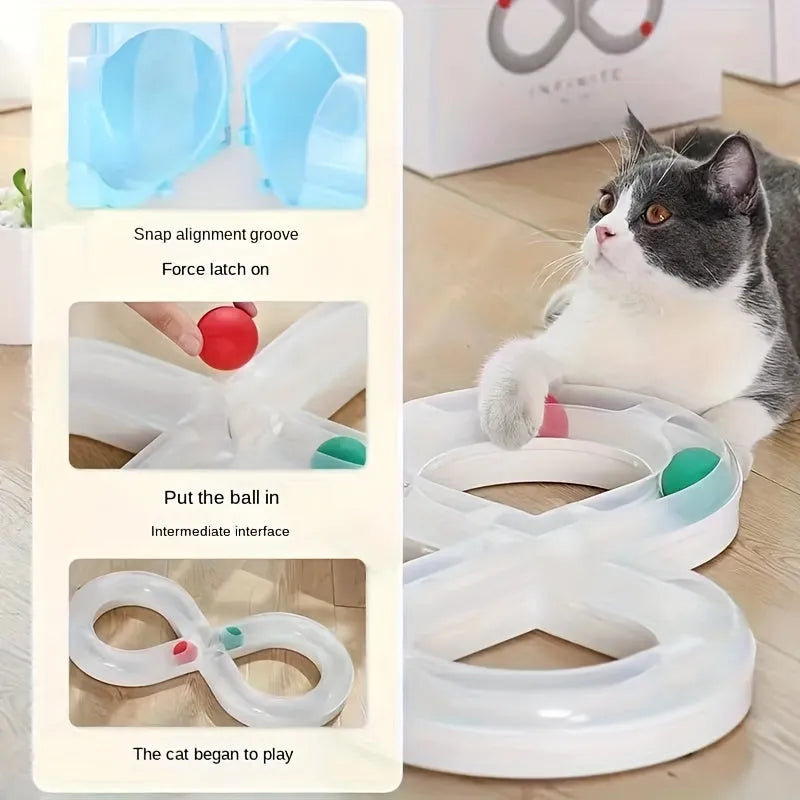Blue and white cat turntable track toy with self-rotating ball and teasing stick