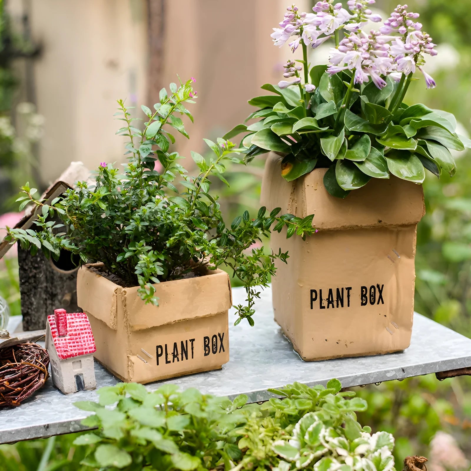 Cement flowerpot with brown paper box texture and bottom drainage holes on a floor.