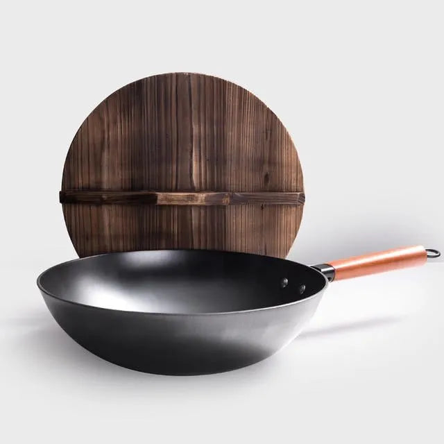 Traditional black iron wok with wooden handle, 32cm diameter