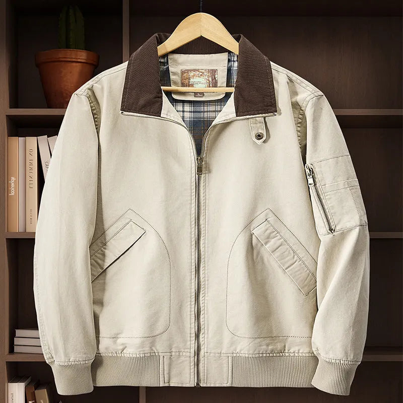 Men's casual washed cotton flight jacket in army green colour