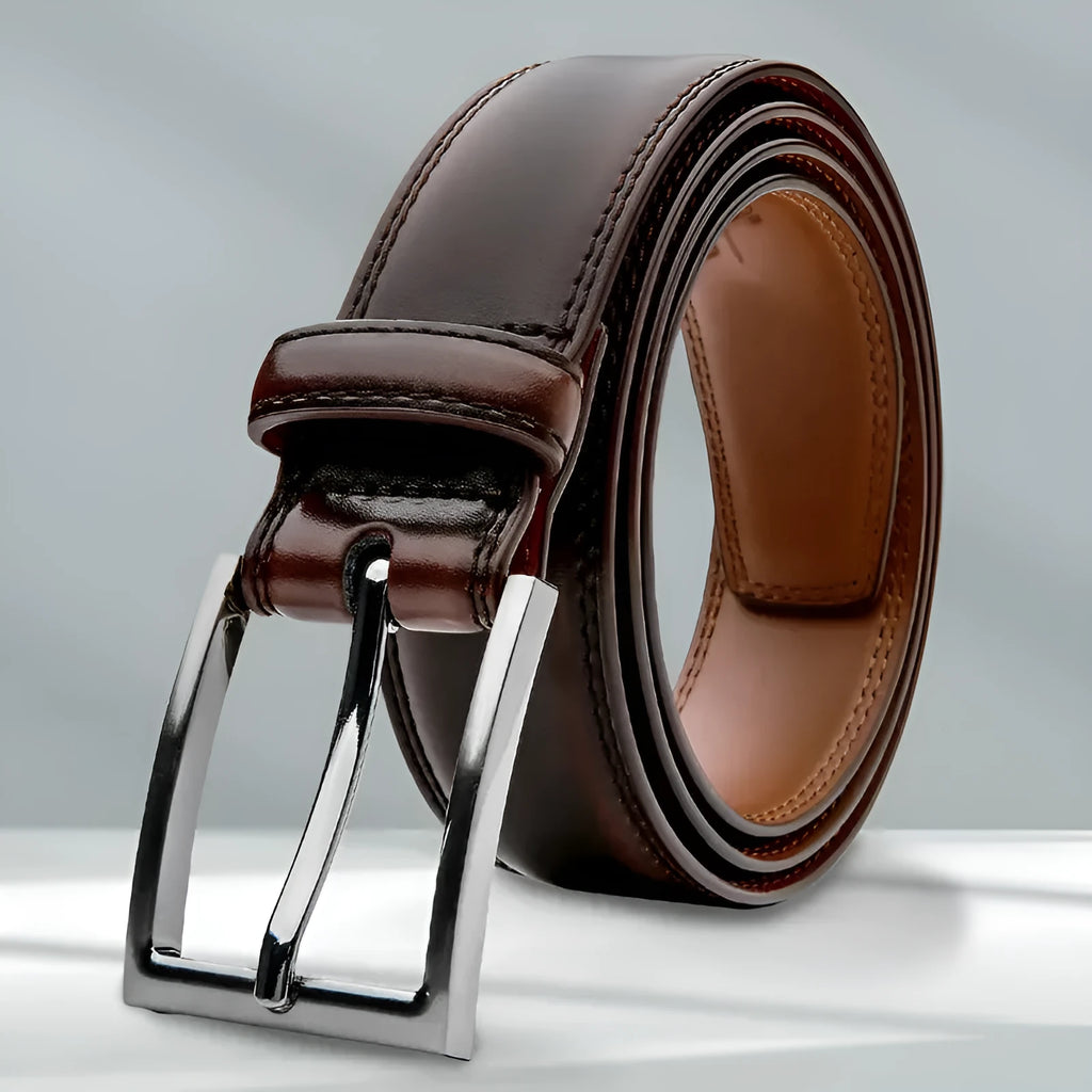 Men's genuine leather casual belt with an alloy buckle shown in 95 grain brown, black, and yellow brown colour options.