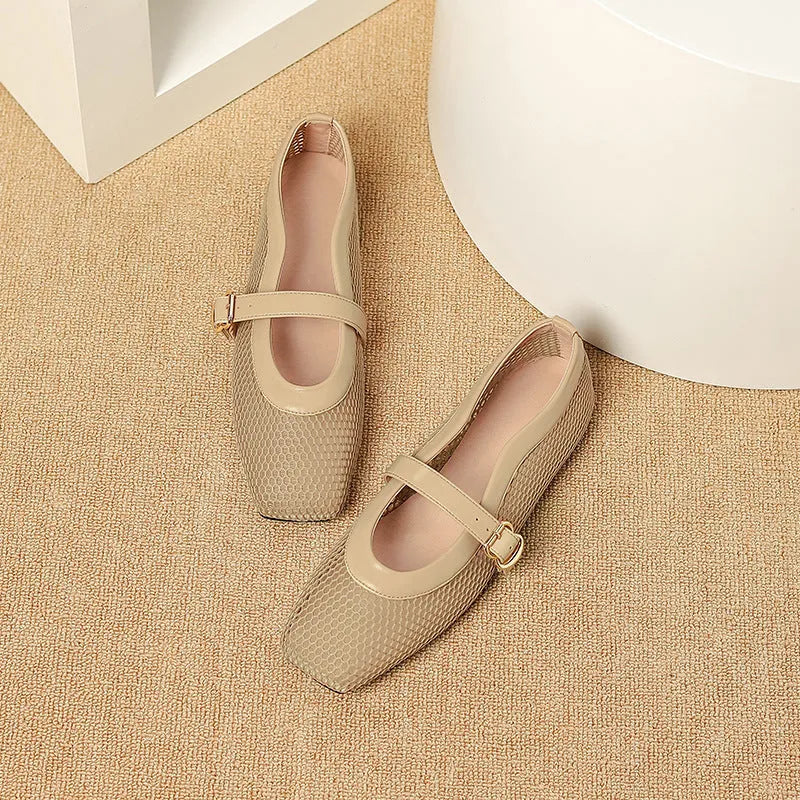 Women's beige mesh summer pumps with a square toe and silver buckle closure on a flat beef tendon sole.