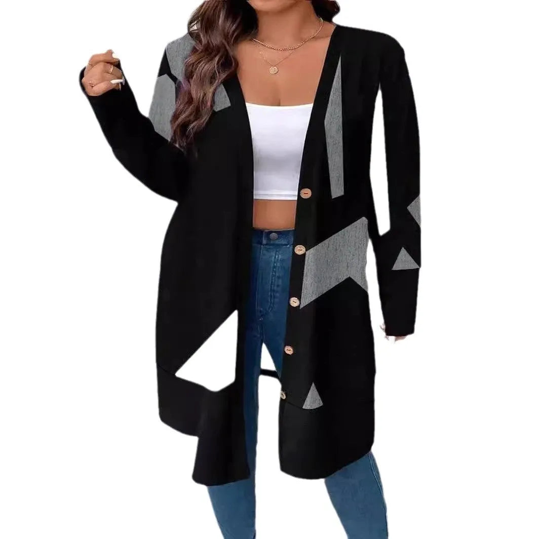 Black loose casual plus size knitwear cardigan with button stitching and printing design