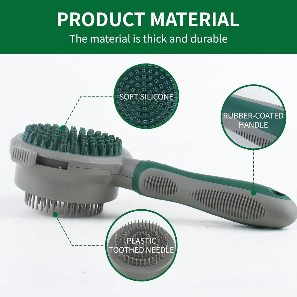 Two-sided silicone cat hair brush showing retractable slicker brush and octopus-teethed massager sides on green background