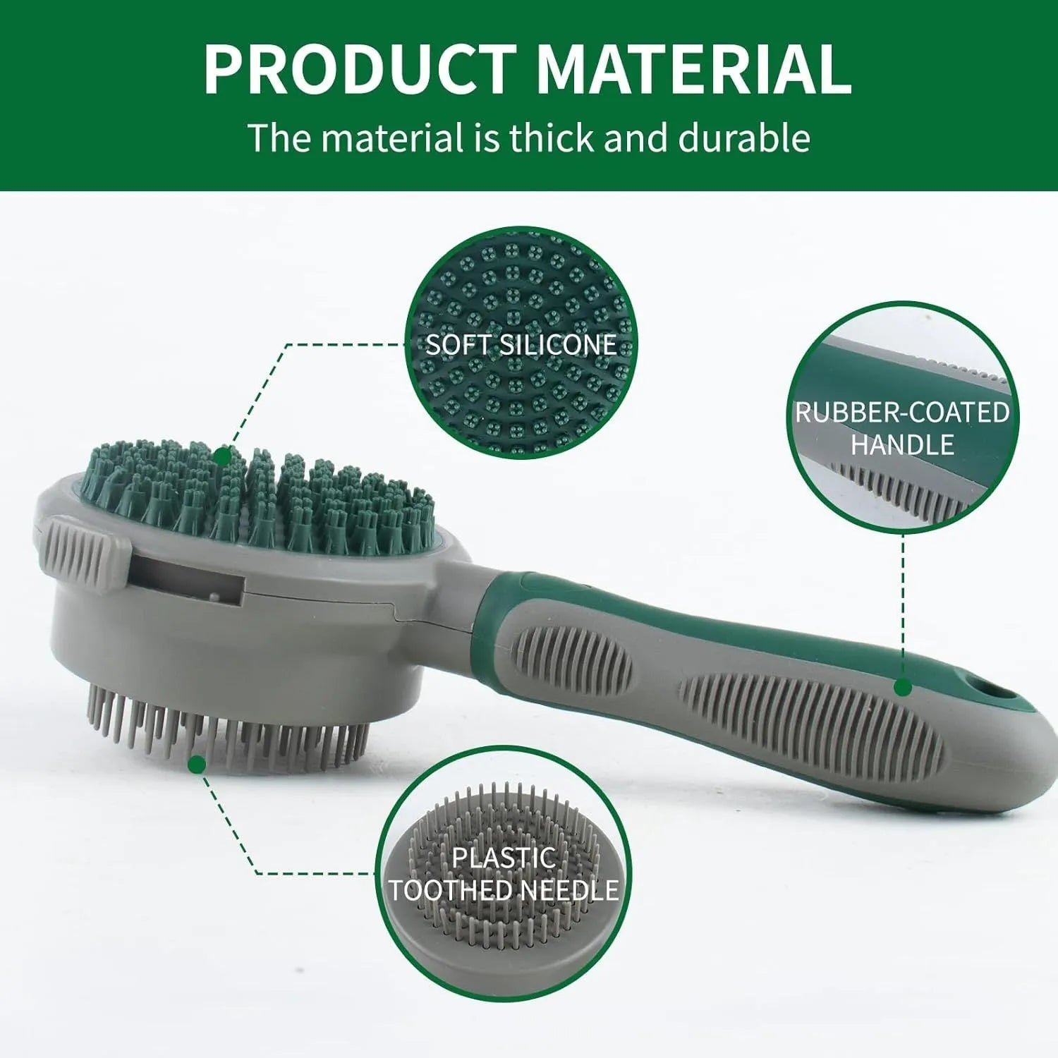 Two-sided silicone cat hair brush showing retractable slicker brush and octopus-teethed massager sides on green background