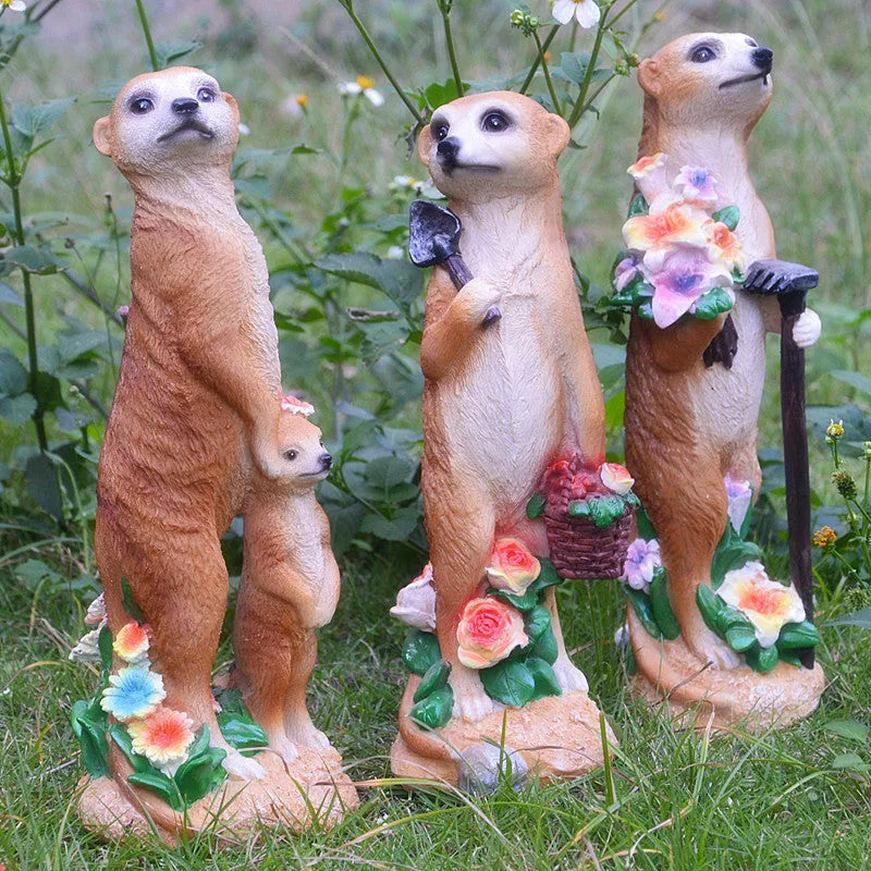 Three straw hat mongoose resin ornaments for garden and bonsai decoration