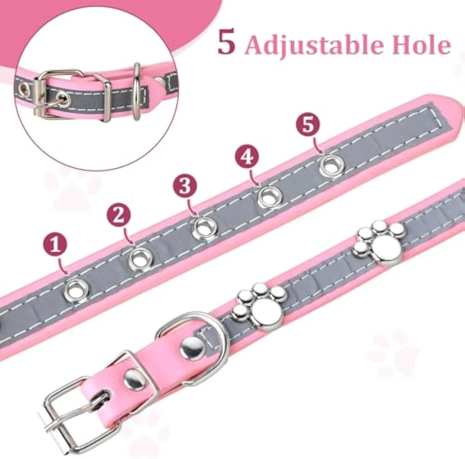 Reflective adjustable PU leather dog collar with a metal paw-shaped rivet on a size chart.