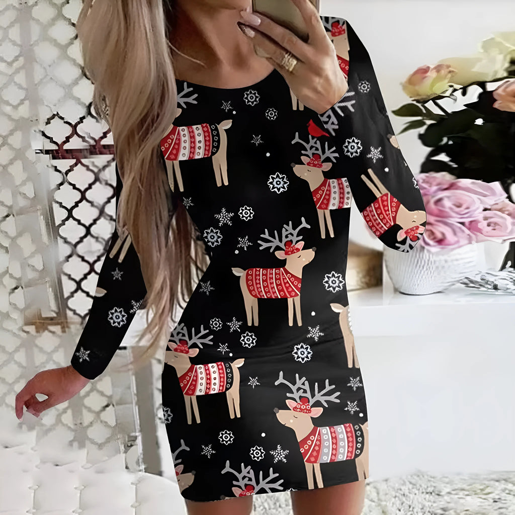 Women's Christmas printed polyester dress with animal pattern in floral colours, featuring round neck and long sleeves