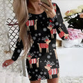 Women's Christmas printed polyester dress with animal pattern in floral colours, featuring round neck and long sleeves