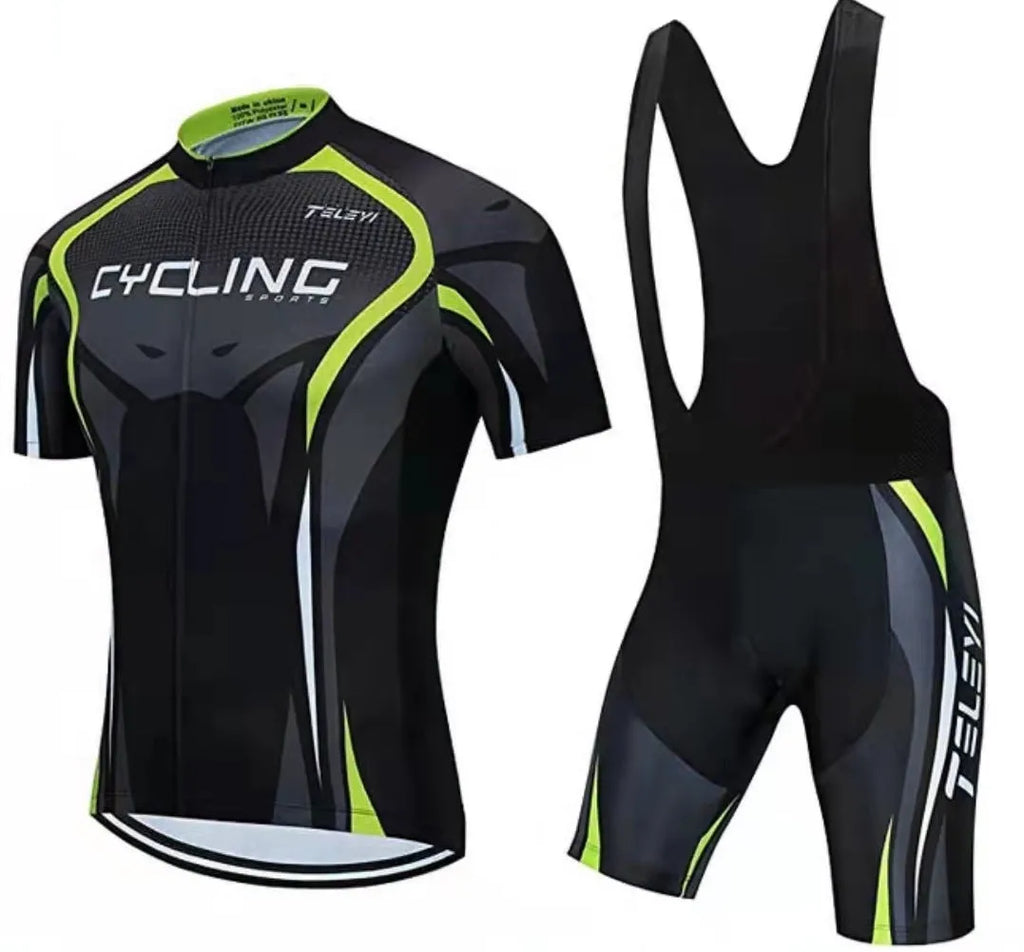 Cycling jersey and shorts set with moisture-wicking fabric in various style options for summer cycling