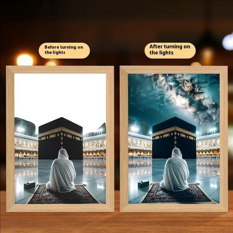 Modern rectangular LED light painting frame showing a sea and home scene on a wall.