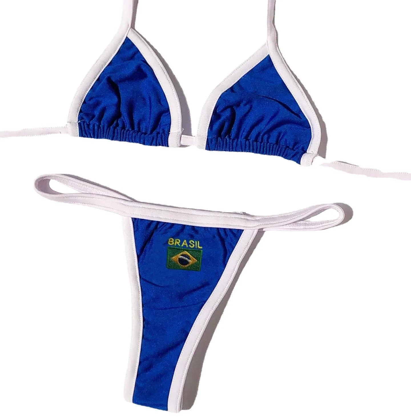 Women's blue bikini set showing sleeveless T-back bra and matching shorts-length briefs