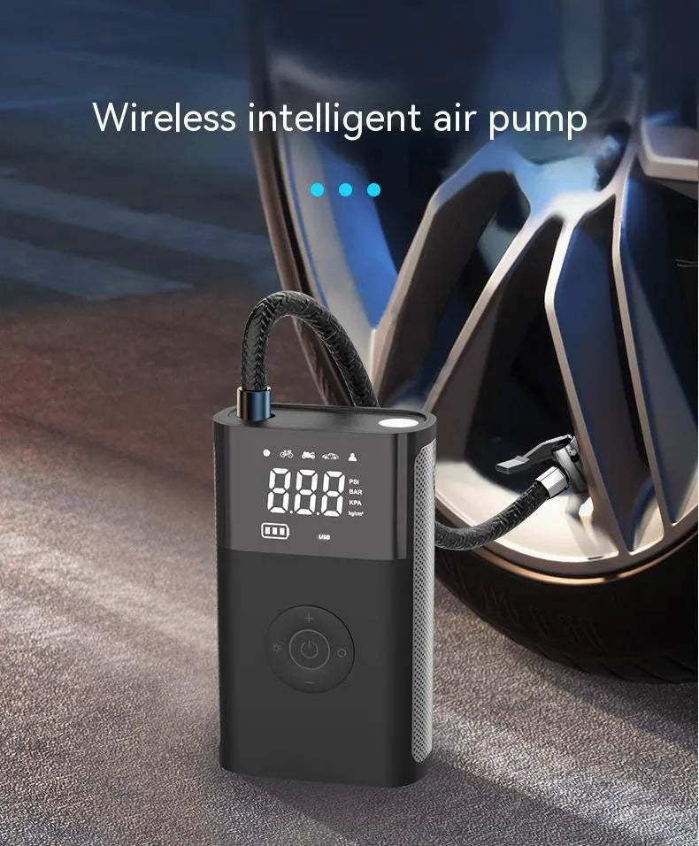 Wireless digital display air pump with LED light showing tyre pressure reading on screen