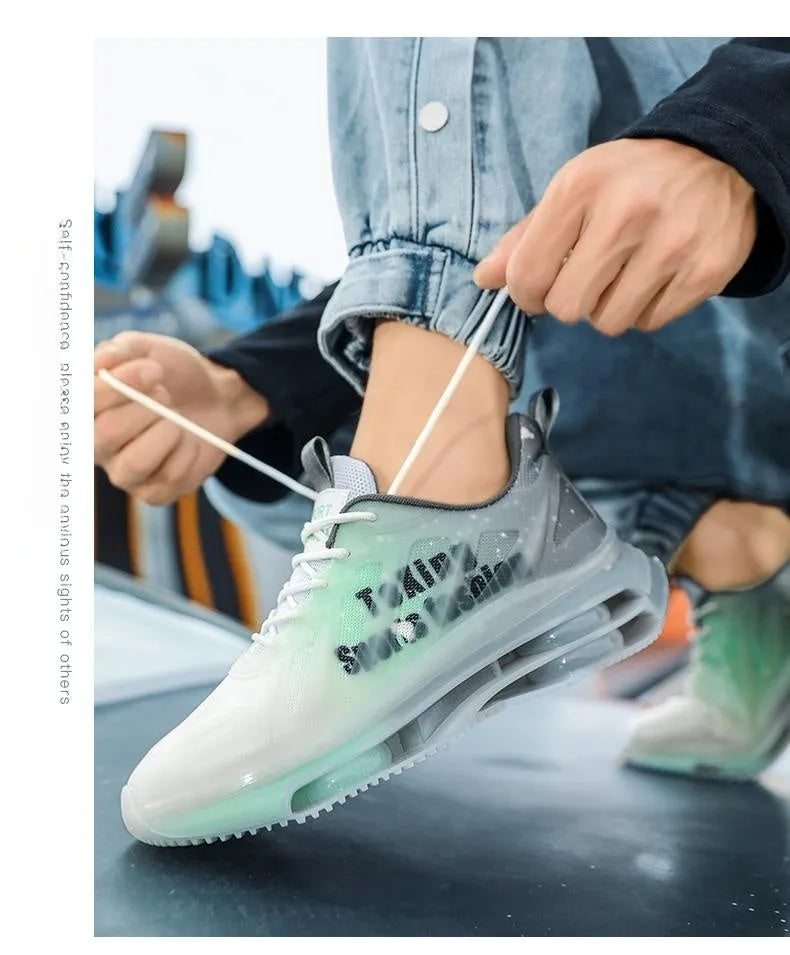Men's black and green platform trainers with mesh upper and rubber sole