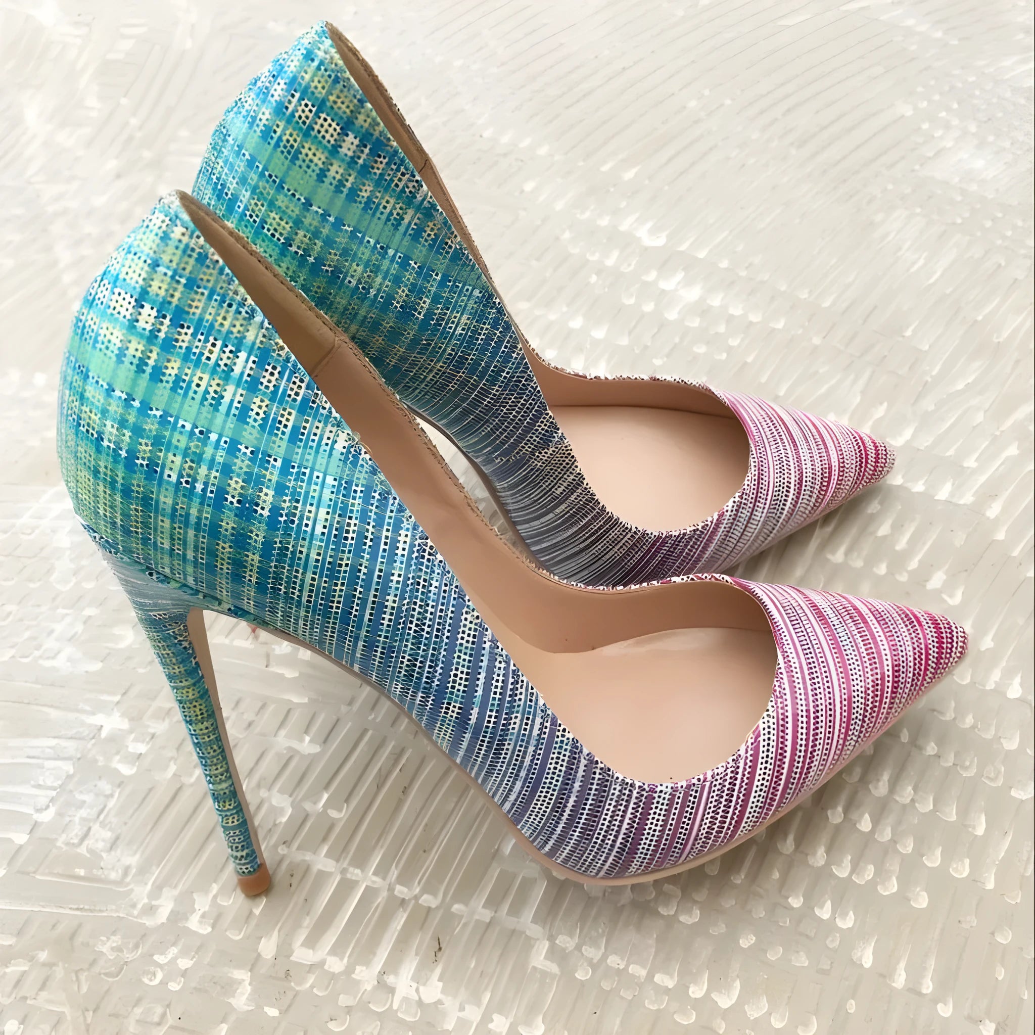 Pink to blue gradient patent leather ladies stilettos with pointed toe and high heel
