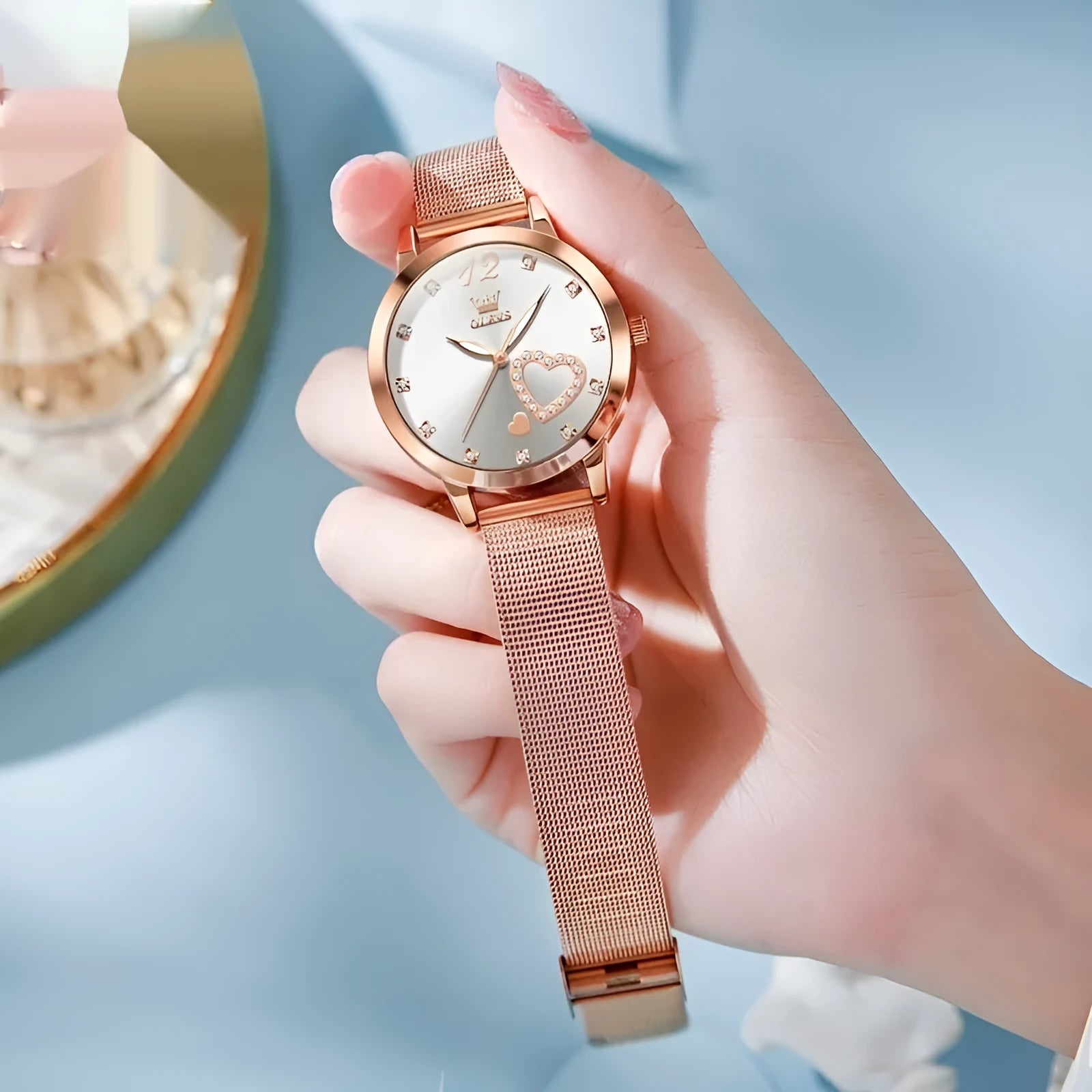 Rose shell alloy women's watch with mesh strap in six dial colour variations
