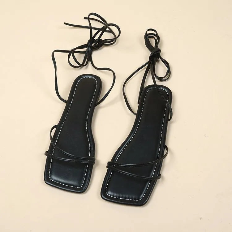 Women's ankle ring bandage cloth flat sandals with square toe design and front lace-up fastening