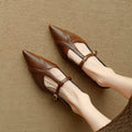 Brown women's cowhide leather flat shoes with round toe and 3-5cm mid-heel