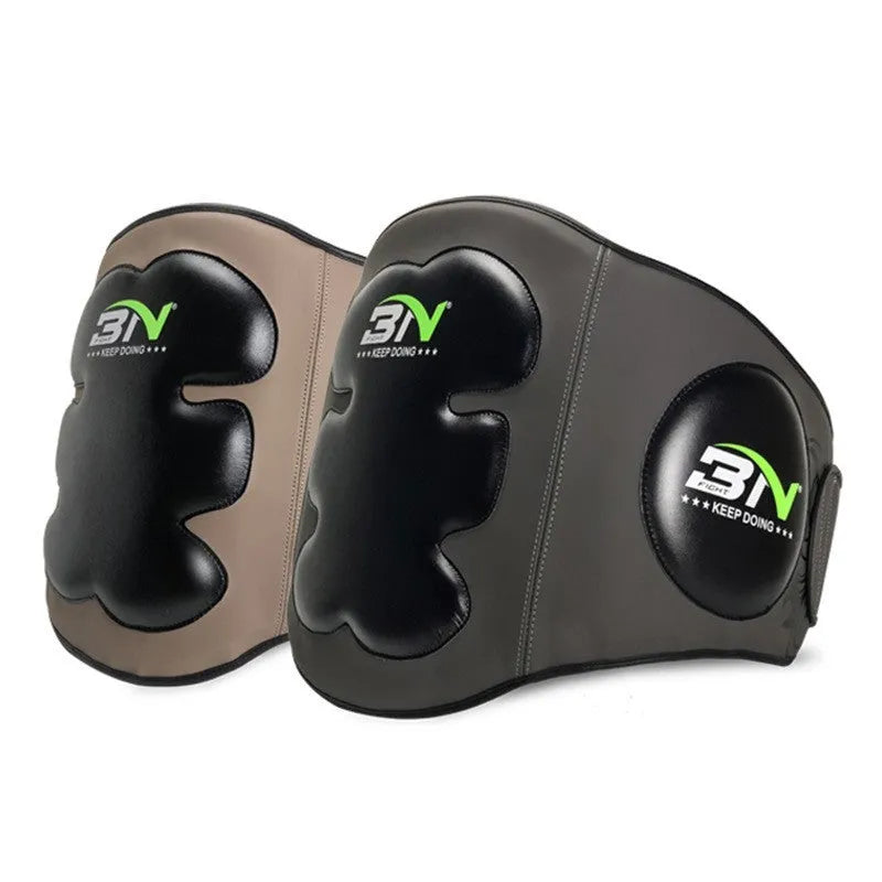 Dark grey Sanda boxing chest protection target showing thickened foam waist guard for martial arts training.