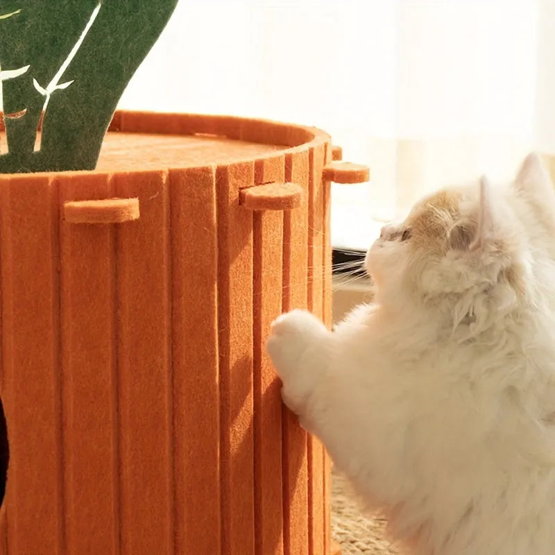 A semi-enclosed felt cat bed with an integrated tunnel, shown in two size options.