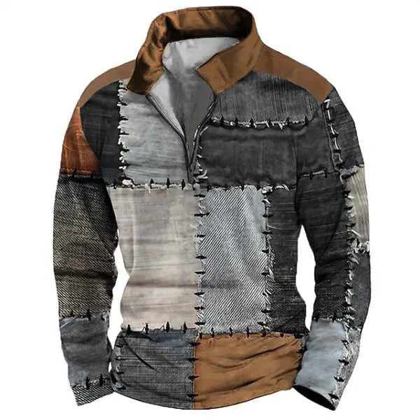 Men's loose fit long sleeve t-shirt with retro colour printing and zipper decorations on textured fabric.