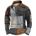 Men's loose fit long sleeve t-shirt with retro colour printing and zipper decorations on textured fabric.