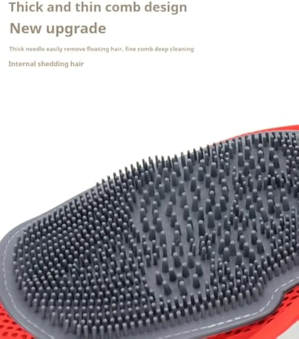 Red pet bathing glove with silicone finger grips for combined washing and grooming during pet bath time