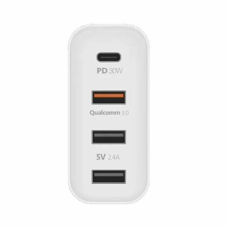Black 48W four-port USB-C PD fast charger with LED indicators showing charging status
