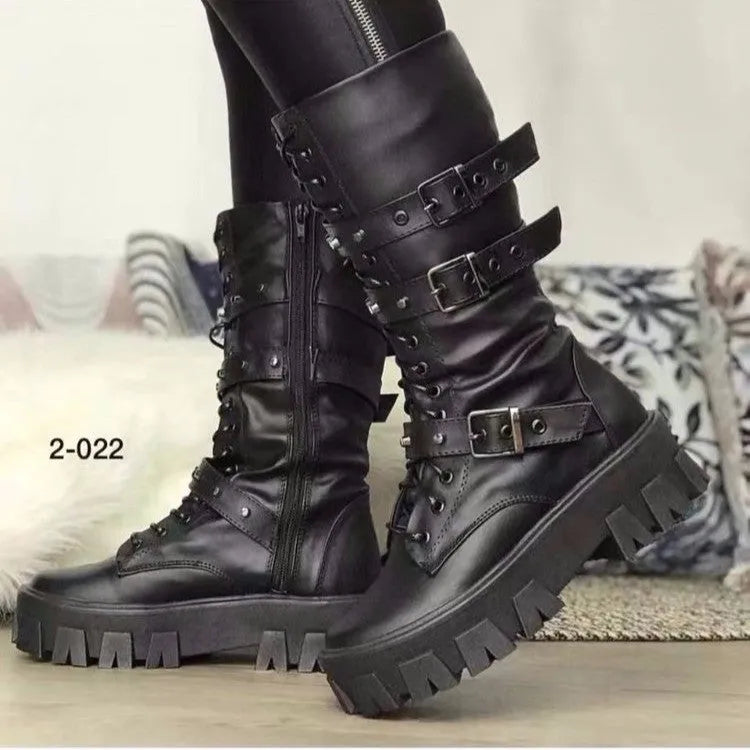 Women's black mid-calf knight boots with metal buckle and side zipper on a white background.
