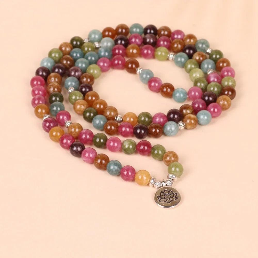 Tourmaline-coloured alloy bracelet with 108 beads and a hanging lotus charm