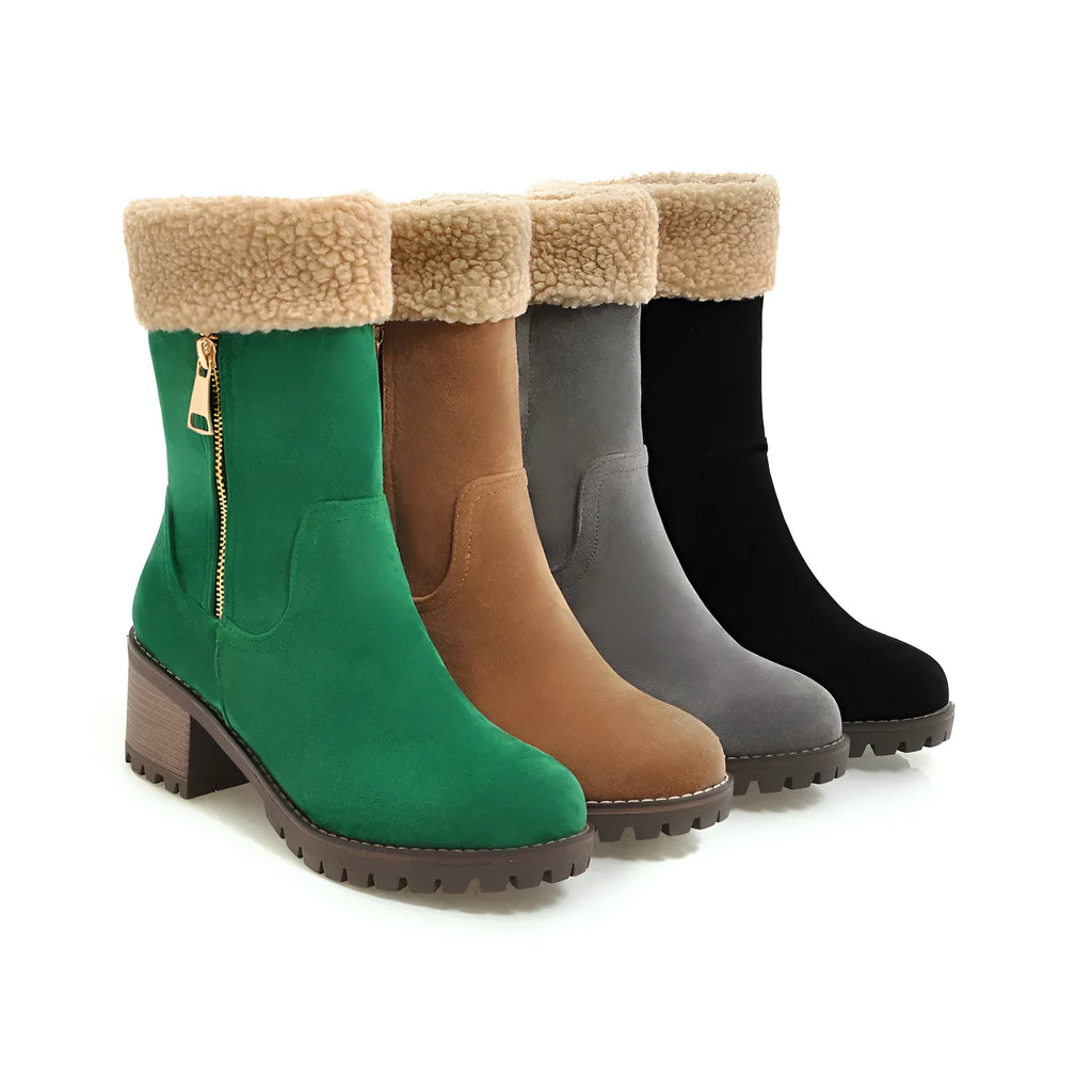 Women's snow boots with plush lining and rubber soles in black, grey, green, orange
