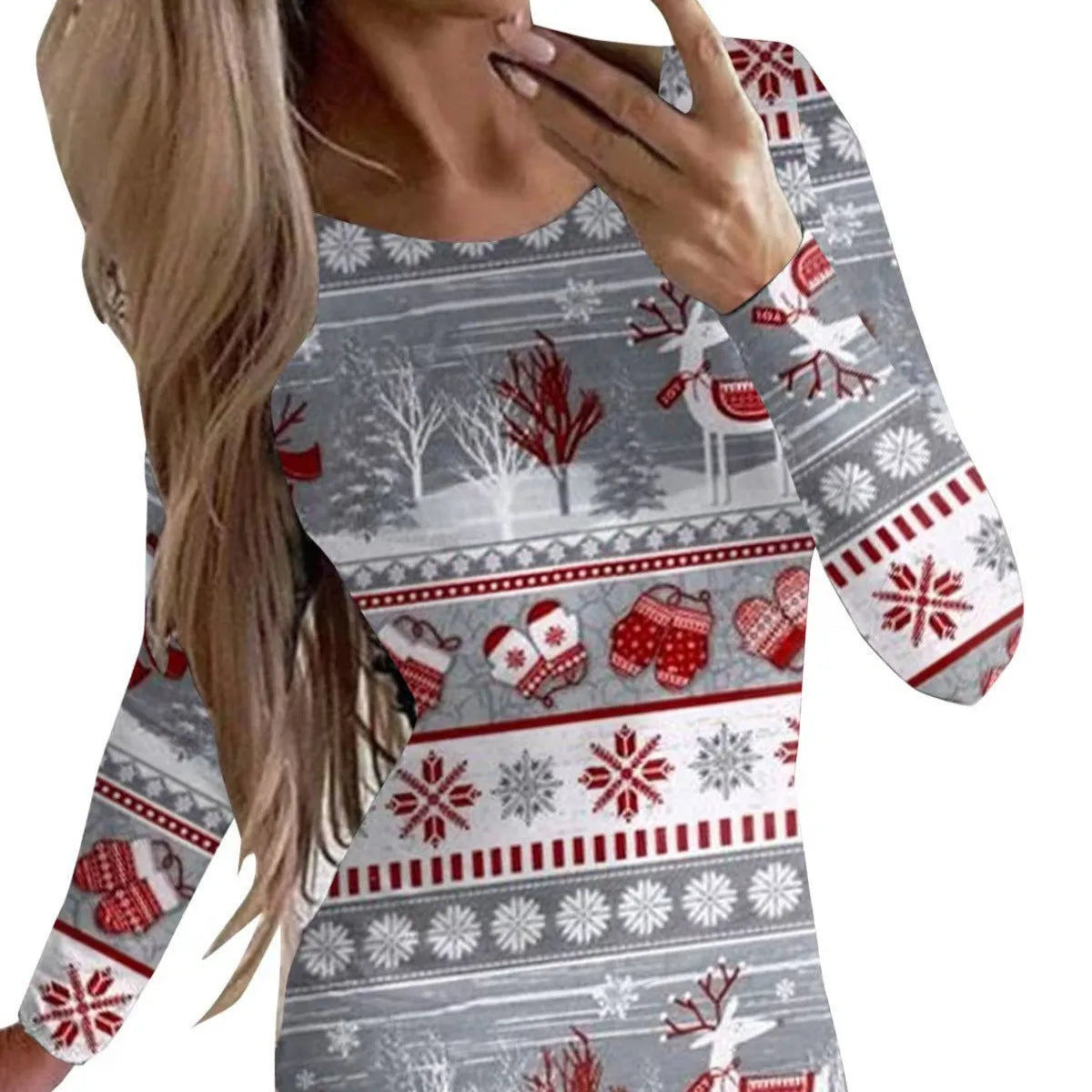 Women's Christmas printed polyester dress with animal pattern in floral colours, featuring round neck and long sleeves