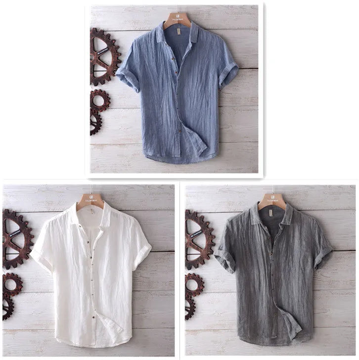 Men's solid colour retro distressed linen shirt in white with relaxed fit and button front