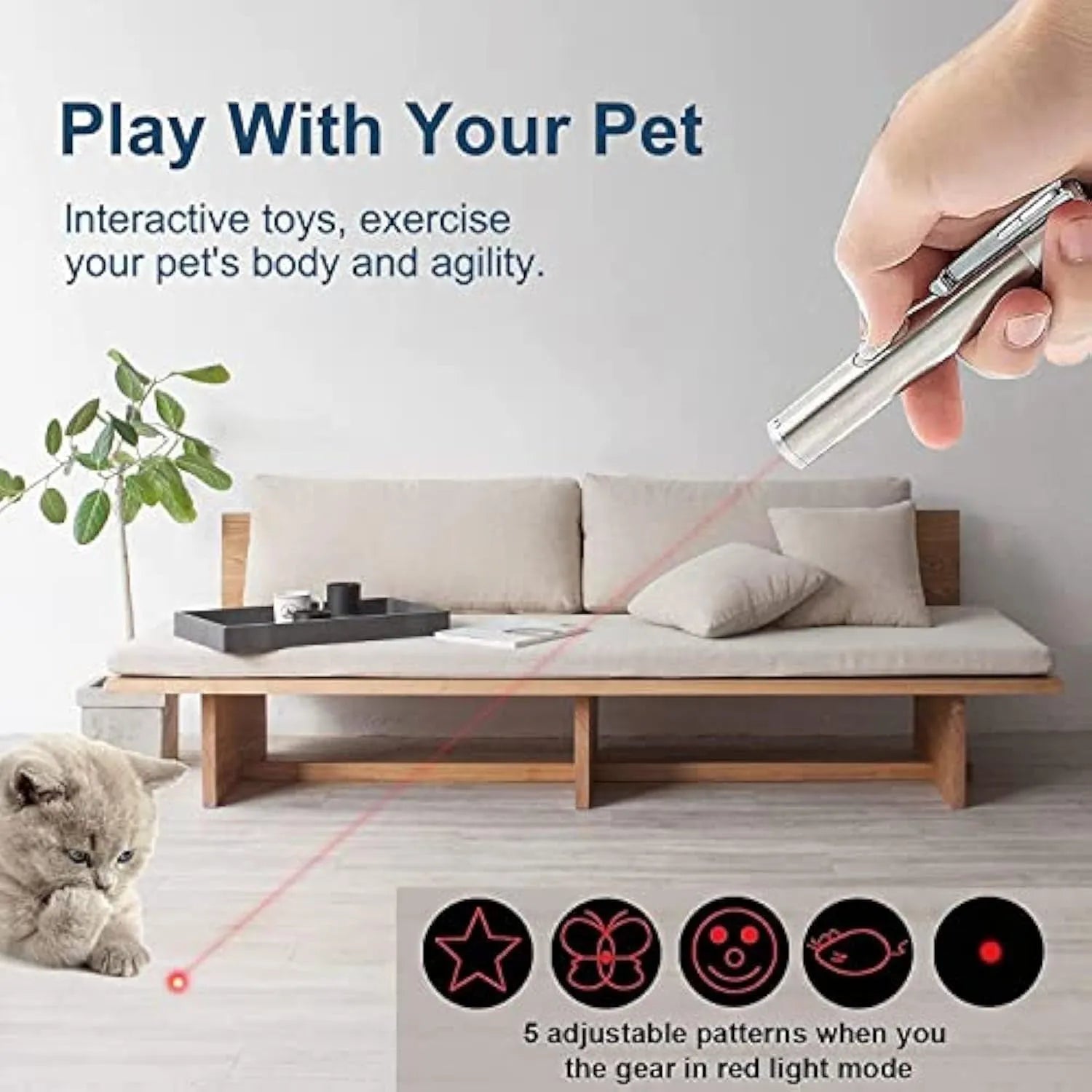 Silver aluminium cat laser pointer with USB charging port and adjustable light modes