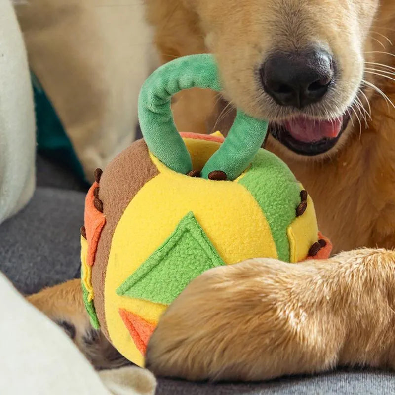 Green polyester squeaky plush ball dog toy with treat pockets for small to medium breeds