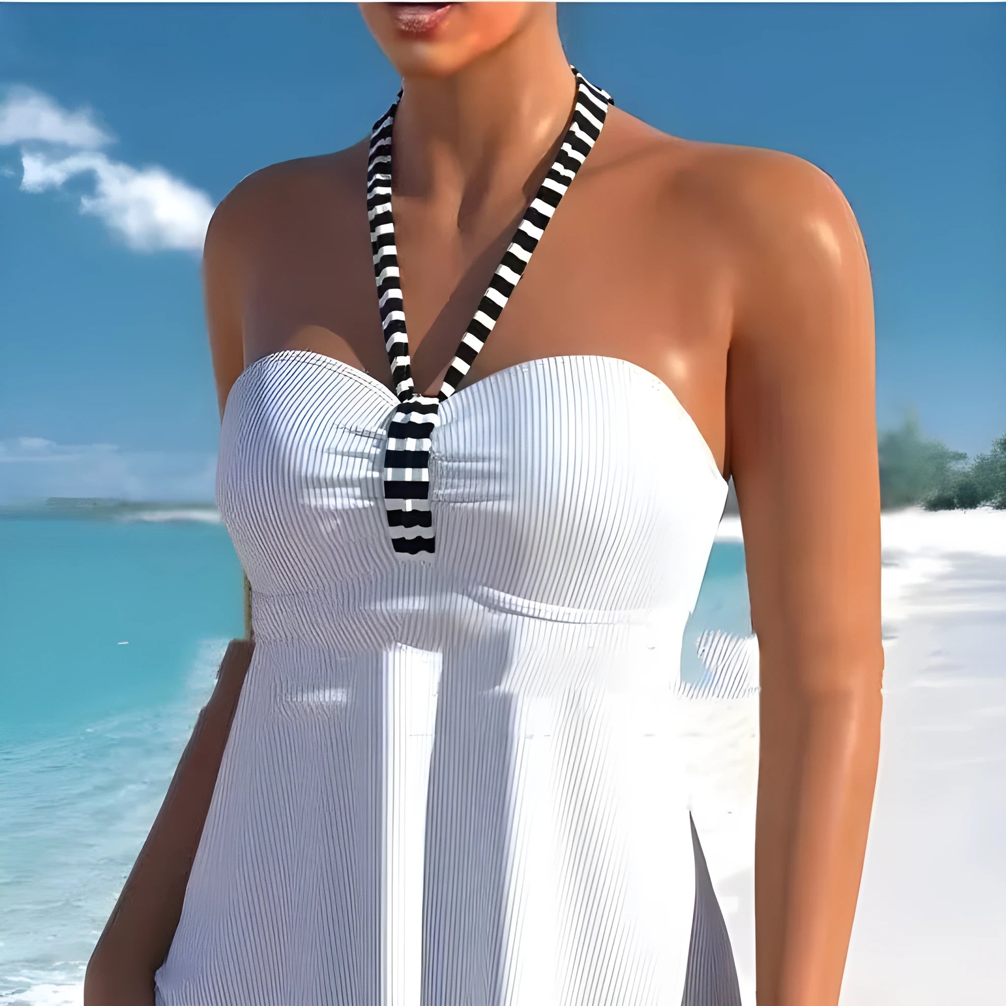 Black and white striped off-shoulder swimsuit for women, one-piece design