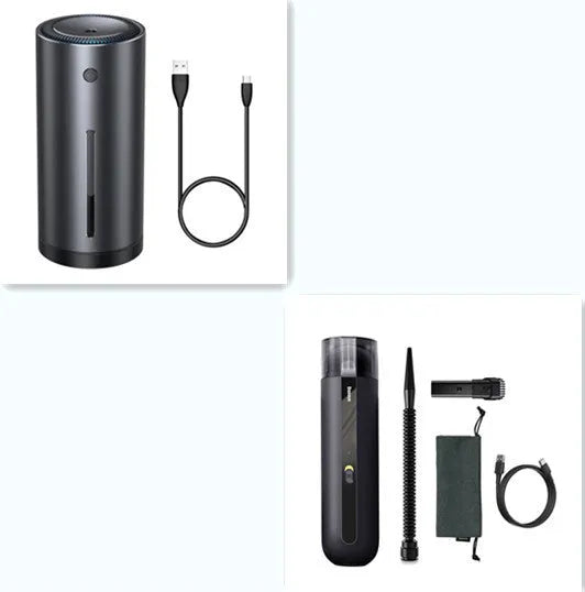 Wireless handheld car vacuum cleaner in black, white, or green with blowing hose attachment.