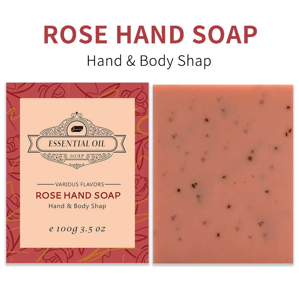 Handmade frosted essential oil soap bar in 100g size with scent options including coconut, green tea, lavender, and rose