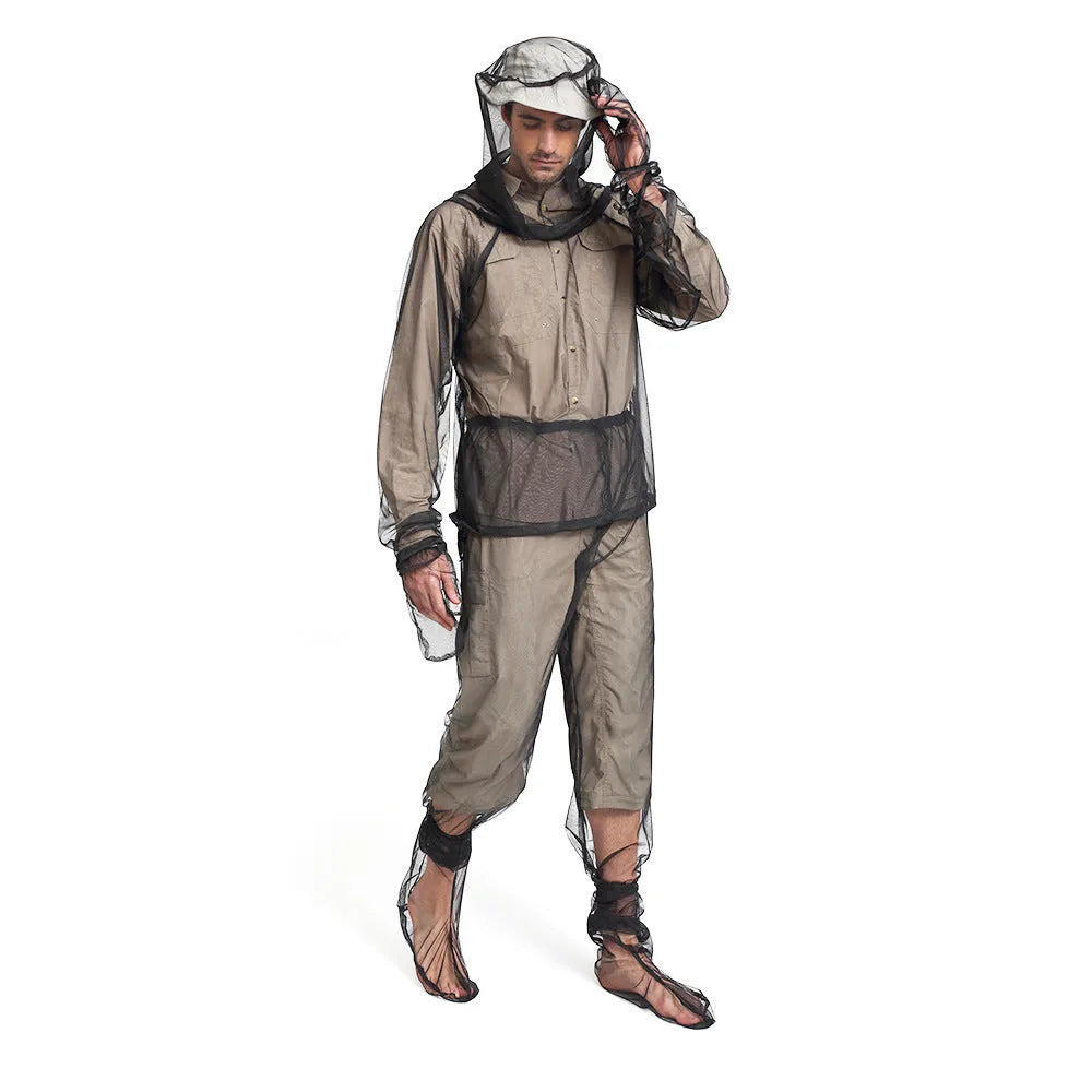 Four-piece anti-mosquito suit set showing hooded top, pants and booties in breathable mesh fabric