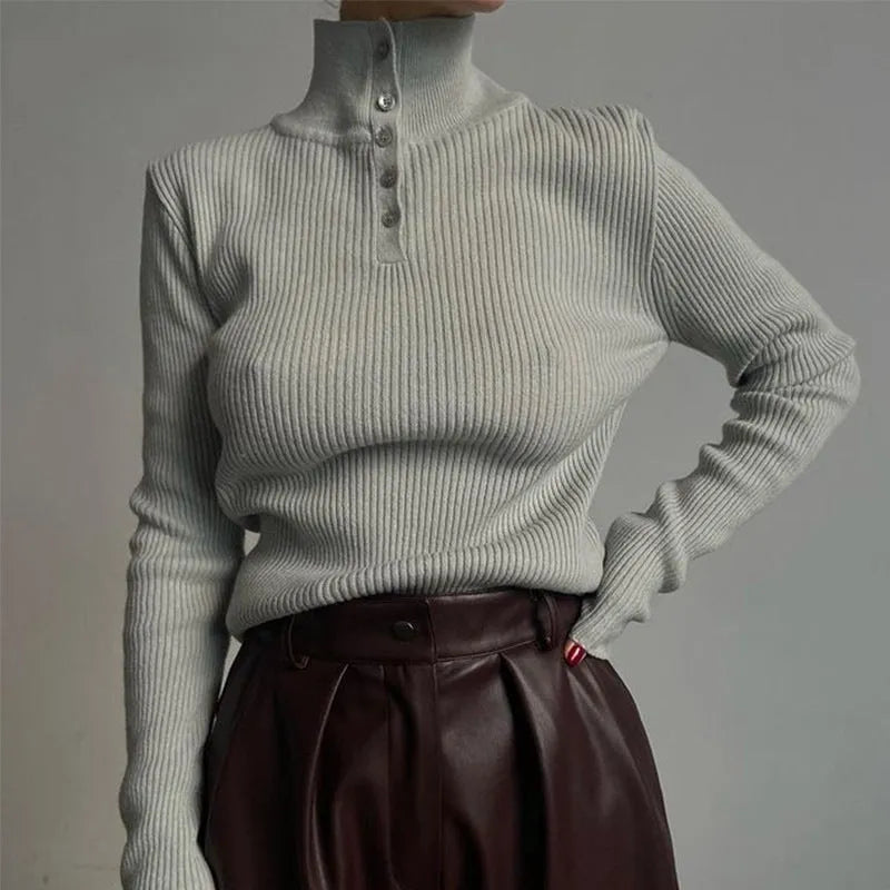 Half turtleneck pullover sweater with single-breasted placket in silver grey or rice apricot colour