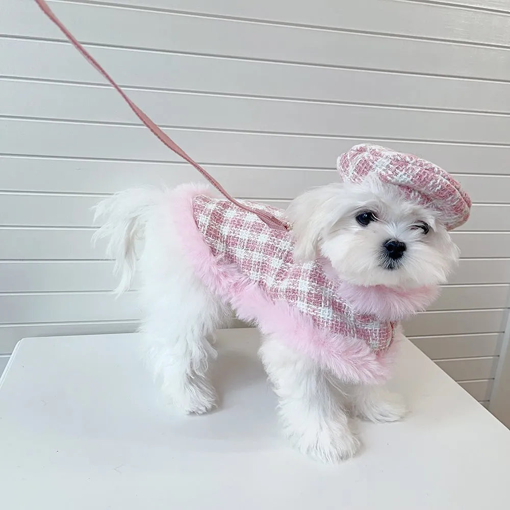 Pink cat costume with beret and cloak including hand-held control rope for pet dress-up
