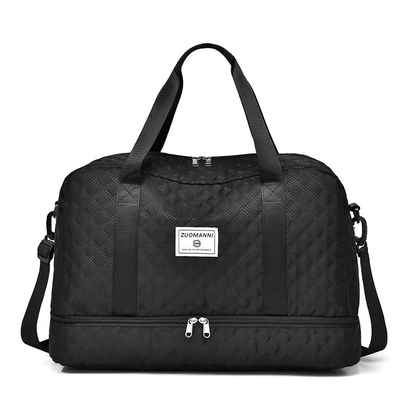 Large Oxford cloth travel bag in a solid colour showing its spacious design and street style details.