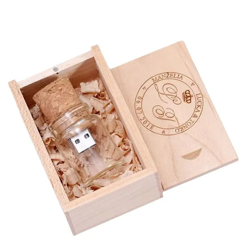 Transparent glass bottle USB flash drive with wooden cap showing 60mm length