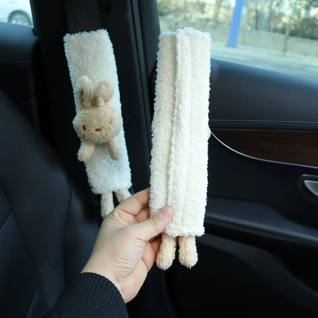 Cartoon plush car seat belt shoulder protector with rabbit and bear designs in lamb wool material