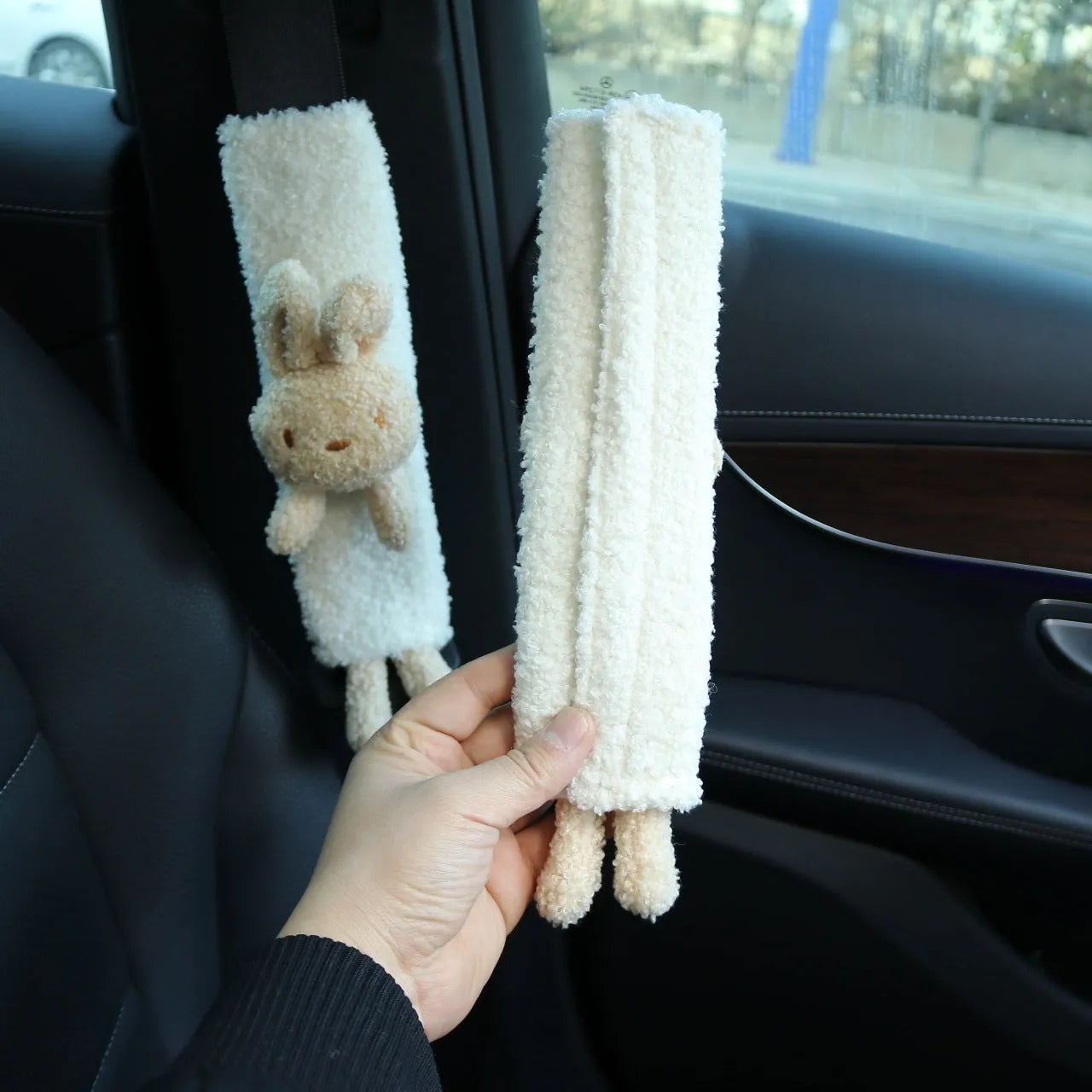 Cartoon plush car seat belt shoulder protector with rabbit and bear designs in lamb wool material