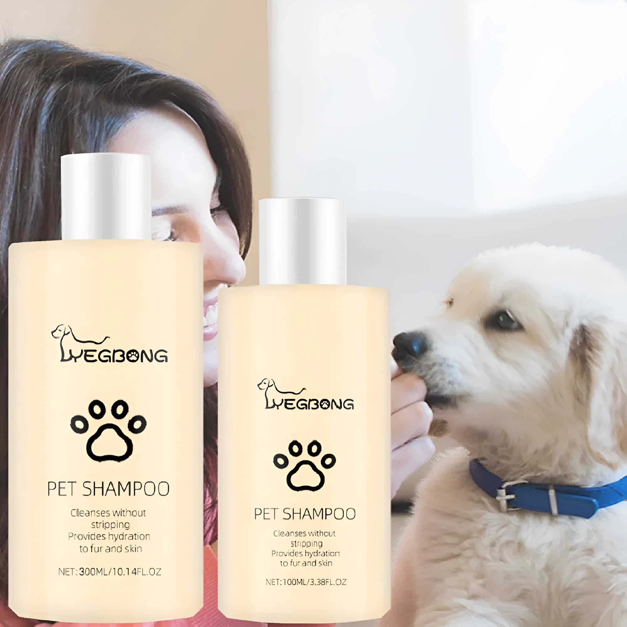Bottle of mild pet shampoo for cats and dogs that softens fur and helps with knots