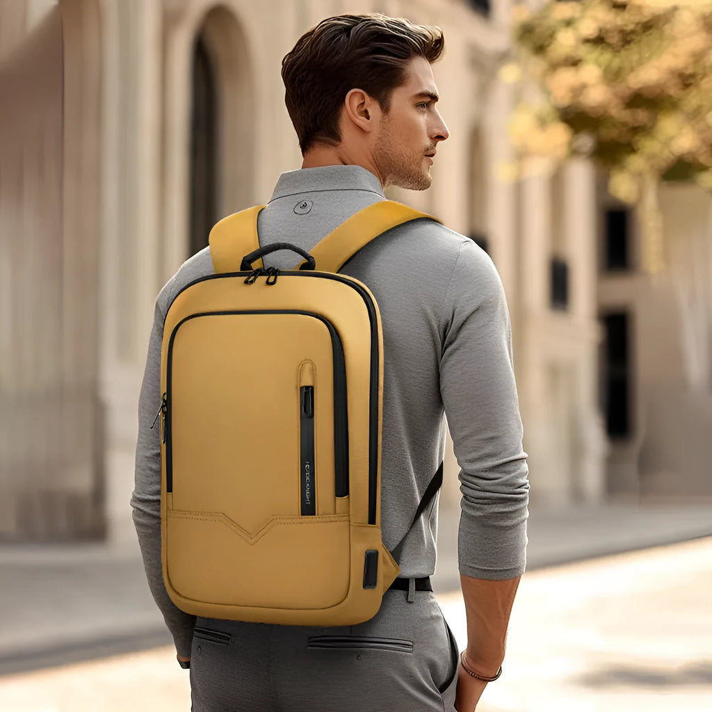 Men's lightweight polyester laptop backpack with USB port in black, shown in 14-inch size.